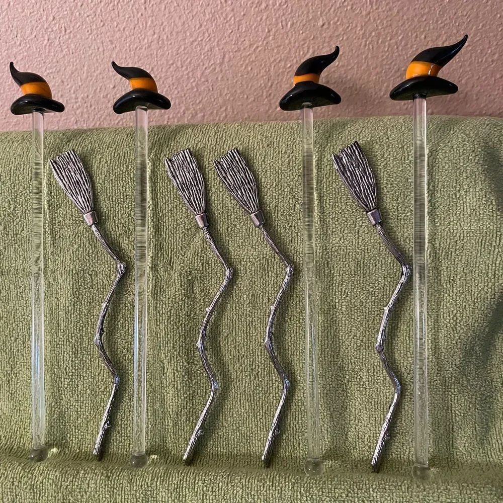 Blown Glass Witch Hat Stir Sticks Metal Broom Stir Sticks lot of 8!